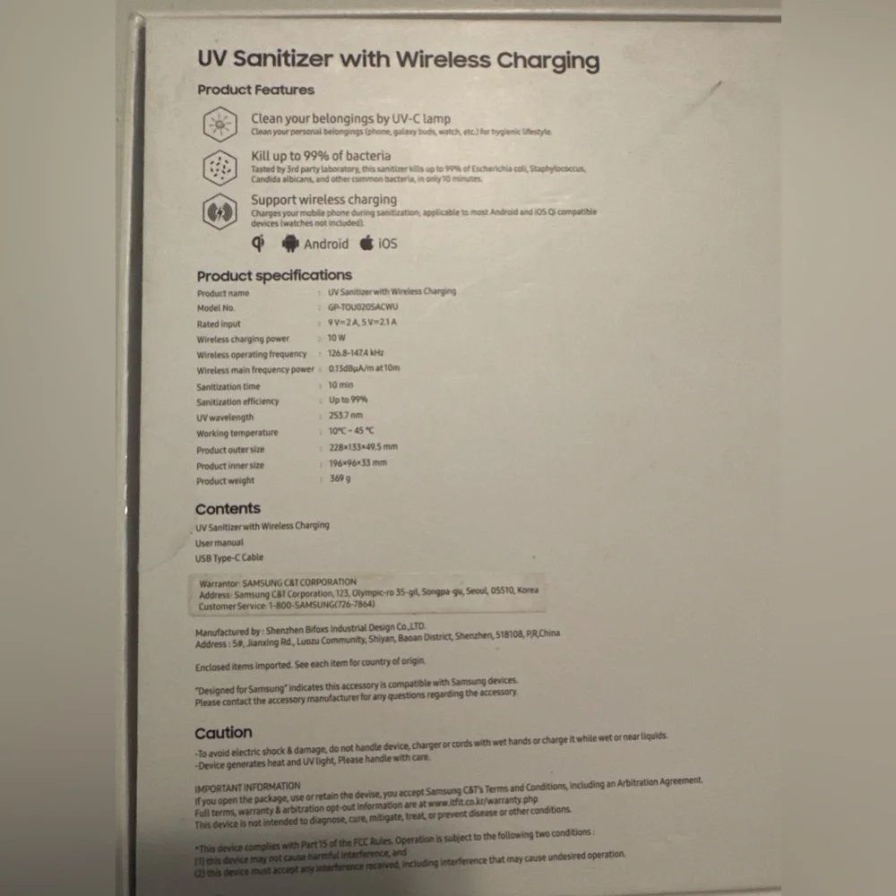 Samsung UV Sanitizer w/ Wireless Charging | Phone, Earbuds, Glasses | New in Box